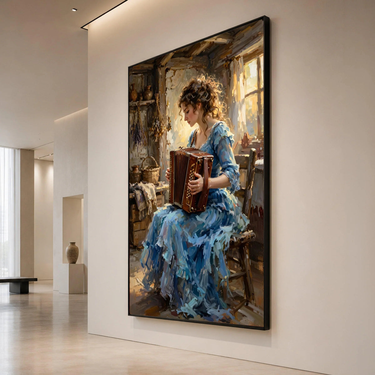 Vintage Woman Playing Accordion Canvas, Rustic Home Interior Art, Musical Instrument Wall Decor, Charming Portrait Canvas, Canvas Print Art