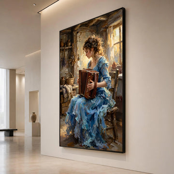 Vintage Woman Playing Accordion Canvas, Rustic Home Interior Art, Musical Instrument Wall Decor, Charming Portrait Canvas, Canvas Print Art