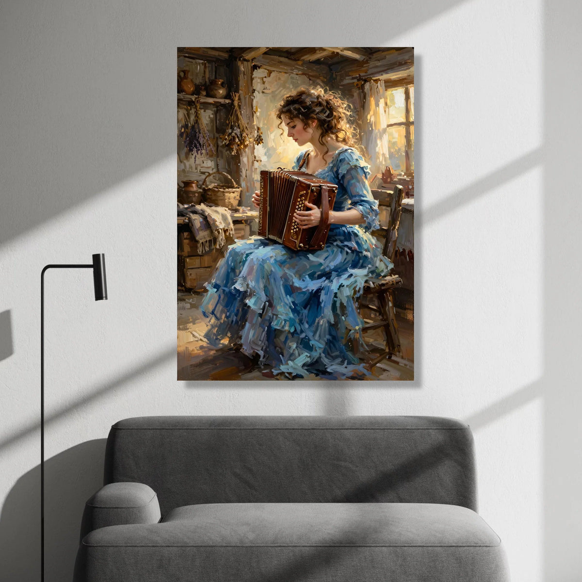 Vintage Woman Playing Accordion Canvas, Rustic Home Interior Art, Musical Instrument Wall Decor, Charming Portrait Canvas, Canvas Print Art