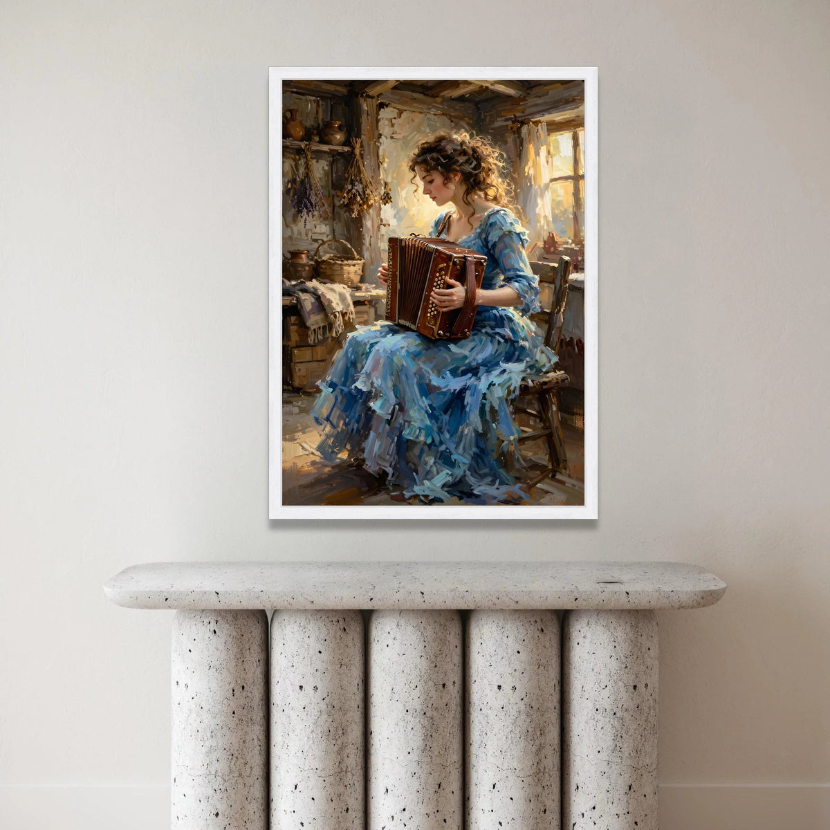 Vintage Woman Playing Accordion Canvas, Rustic Home Interior Art, Musical Instrument Wall Decor, Charming Portrait Canvas, Canvas Print Art