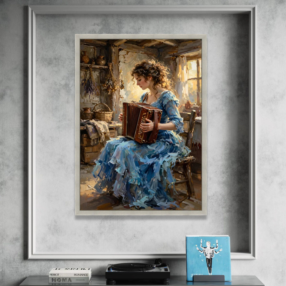 Vintage Woman Playing Accordion Canvas, Rustic Home Interior Art, Musical Instrument Wall Decor, Charming Portrait Canvas, Canvas Print Art