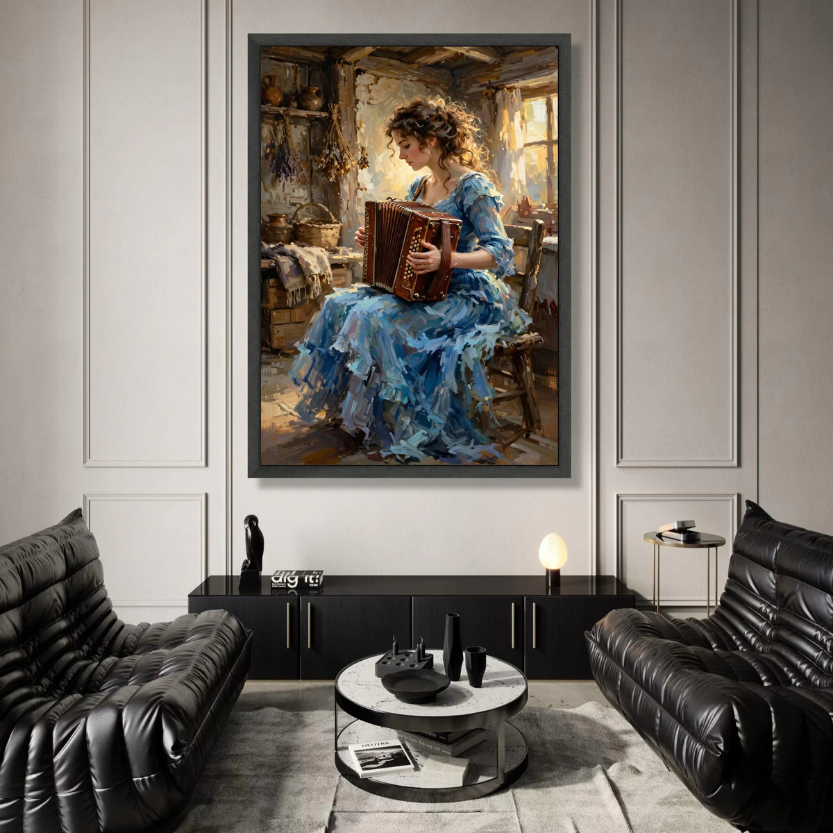 Vintage Woman Playing Accordion Canvas, Rustic Home Interior Art, Musical Instrument Wall Decor, Charming Portrait Canvas, Canvas Print Art