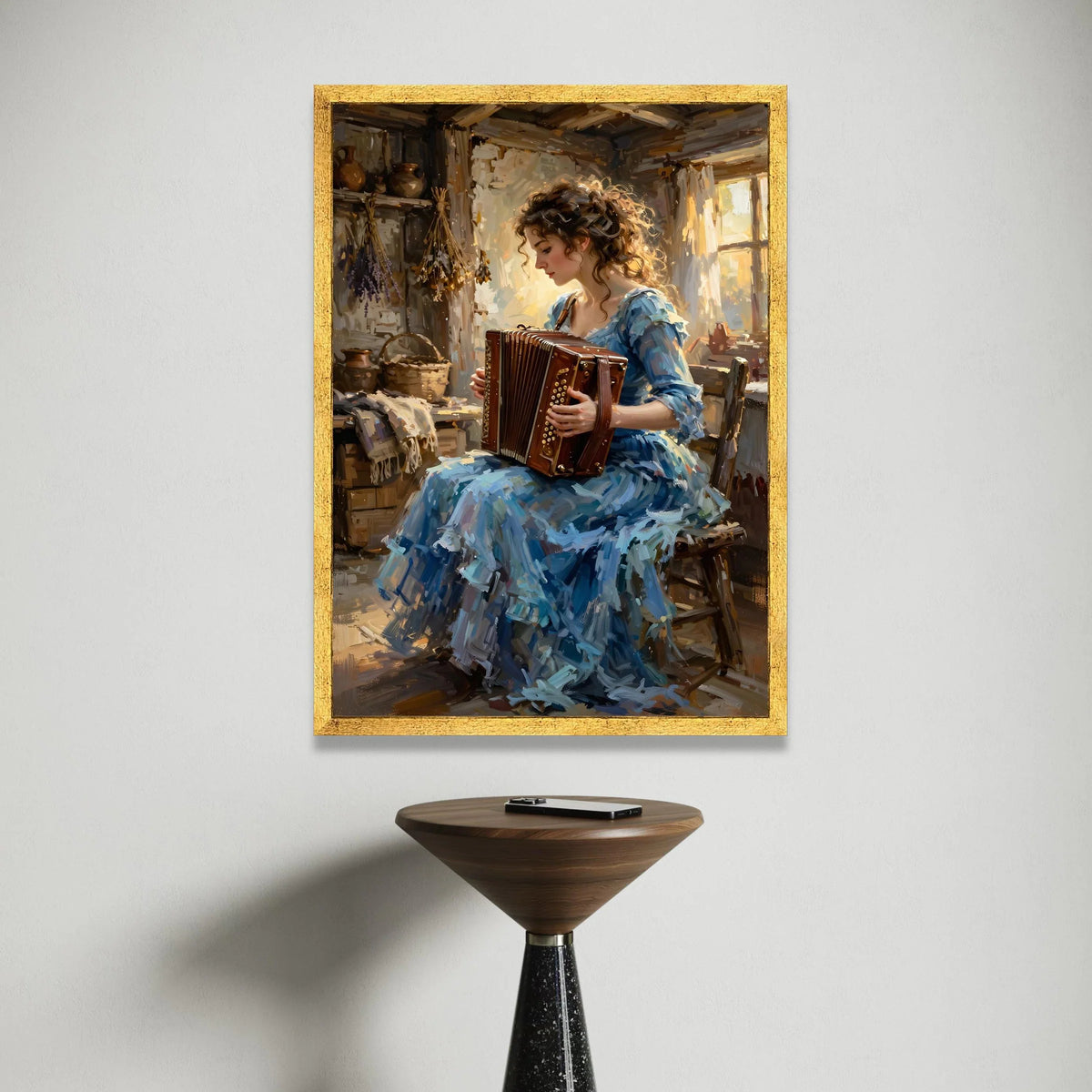 Vintage Woman Playing Accordion Canvas, Rustic Home Interior Art, Musical Instrument Wall Decor, Charming Portrait Canvas, Canvas Print Art