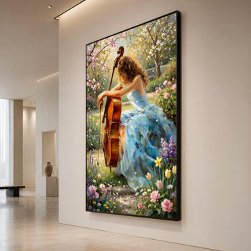 Serene Garden Melody, Woman with Cello Canvas, Spring Floral Wall Art, Pastel Nature Scene Canvas, Elegant Home Decoration Canvas Print Art
