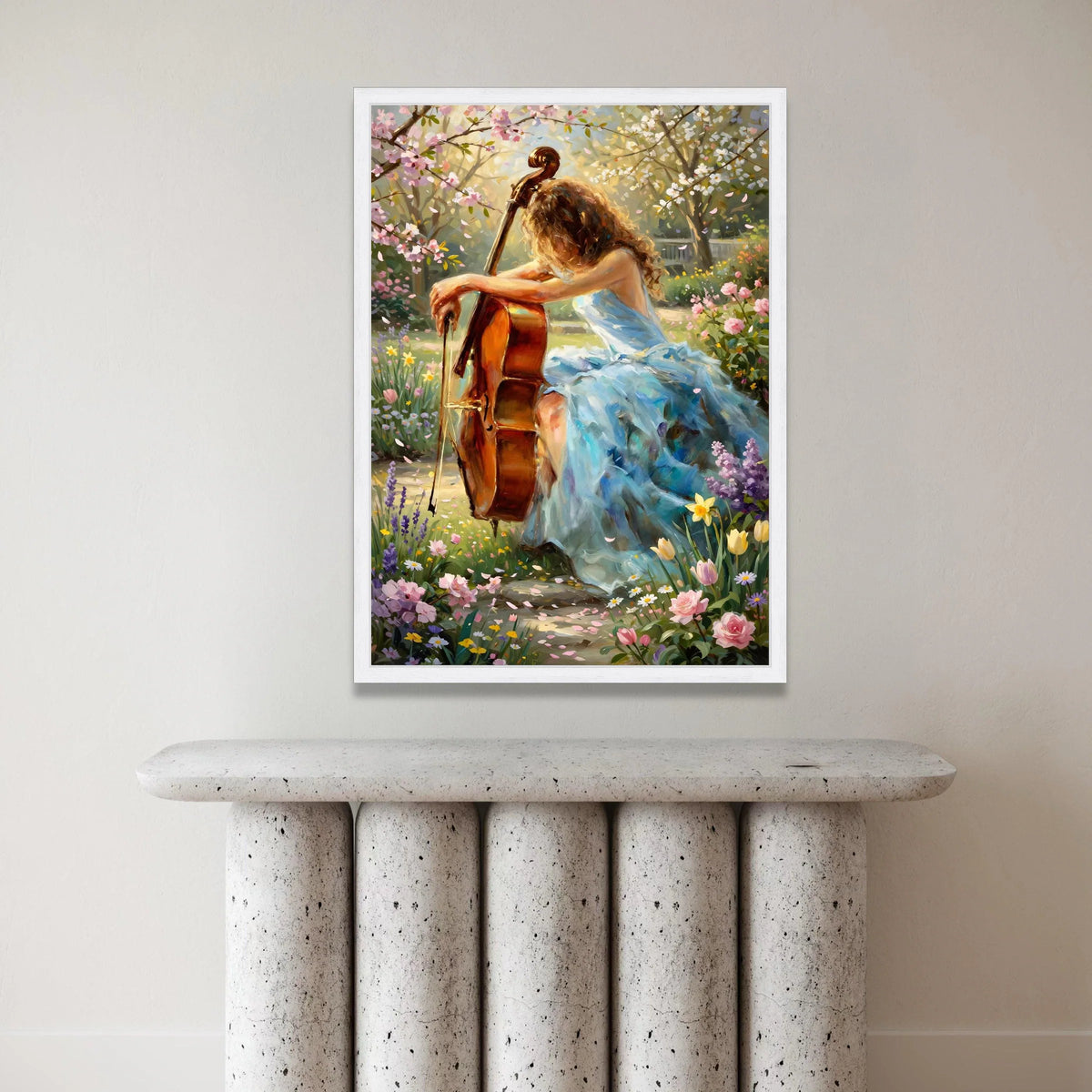 Serene Garden Melody, Woman with Cello Canvas, Spring Floral Wall Art, Pastel Nature Scene Canvas, Elegant Home Decoration Canvas Print Art