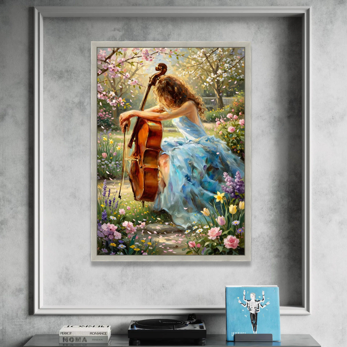 Serene Garden Melody, Woman with Cello Canvas, Spring Floral Wall Art, Pastel Nature Scene Canvas, Elegant Home Decoration Canvas Print Art