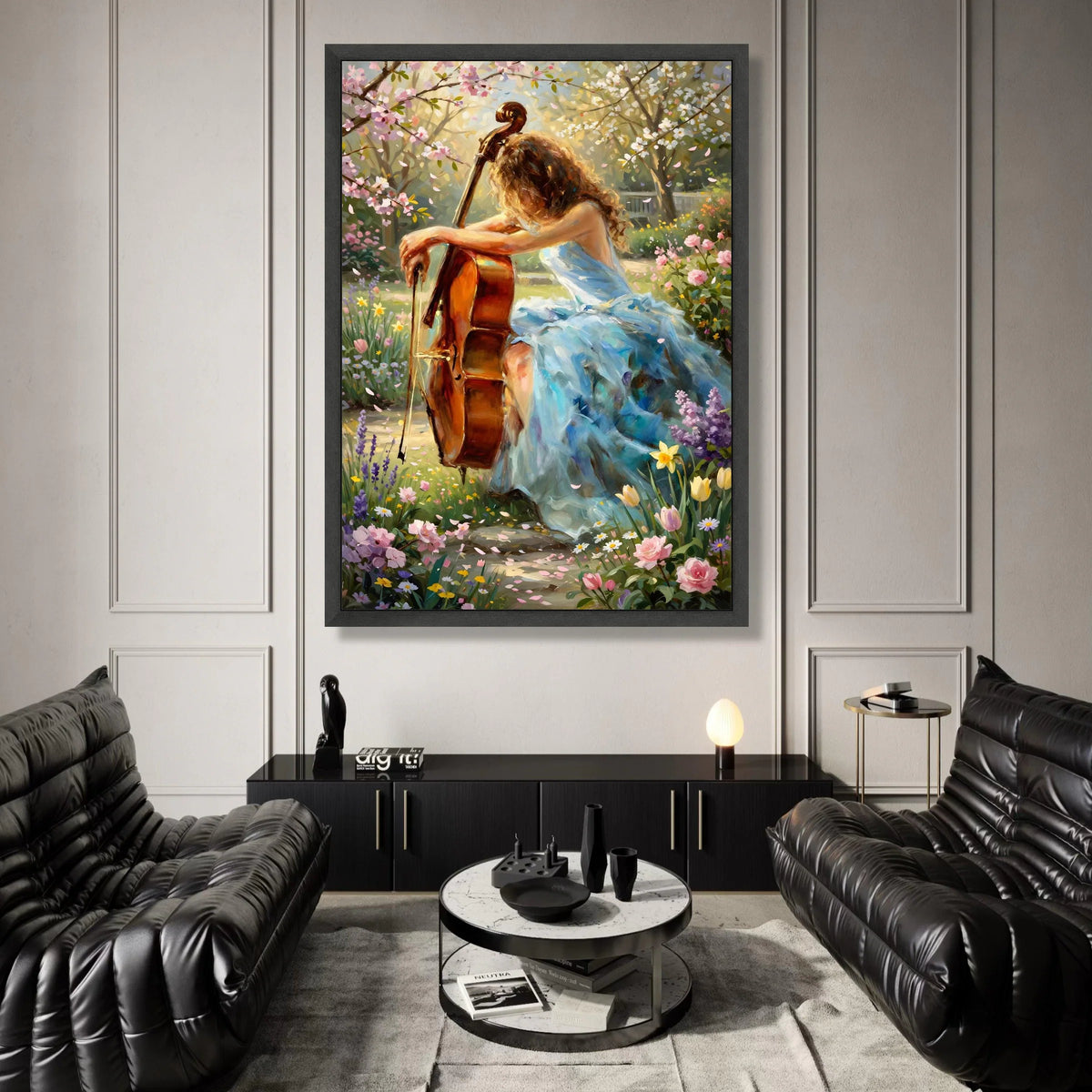 Serene Garden Melody, Woman with Cello Canvas, Spring Floral Wall Art, Pastel Nature Scene Canvas, Elegant Home Decoration Canvas Print Art