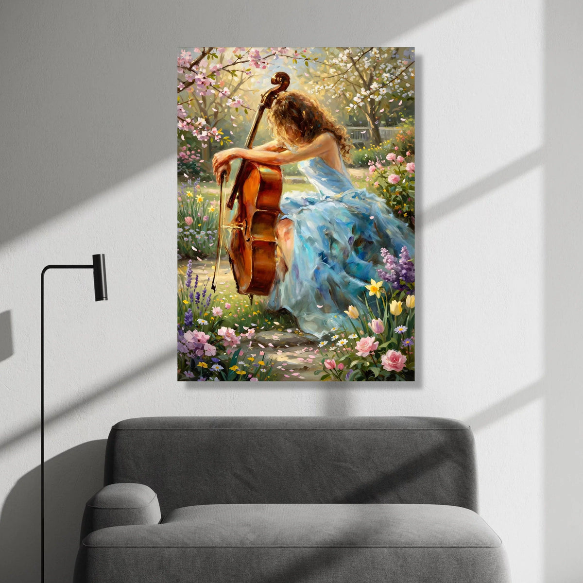 Serene Garden Melody, Woman with Cello Canvas, Spring Floral Wall Art, Pastel Nature Scene Canvas, Elegant Home Decoration Canvas Print Art