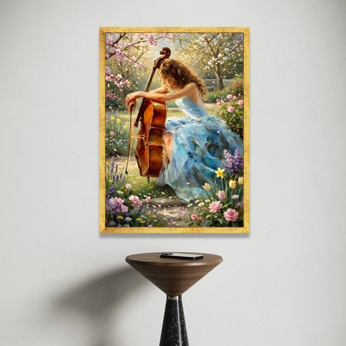 Serene Garden Melody, Woman with Cello Canvas, Spring Floral Wall Art, Pastel Nature Scene Canvas, Elegant Home Decoration Canvas Print Art