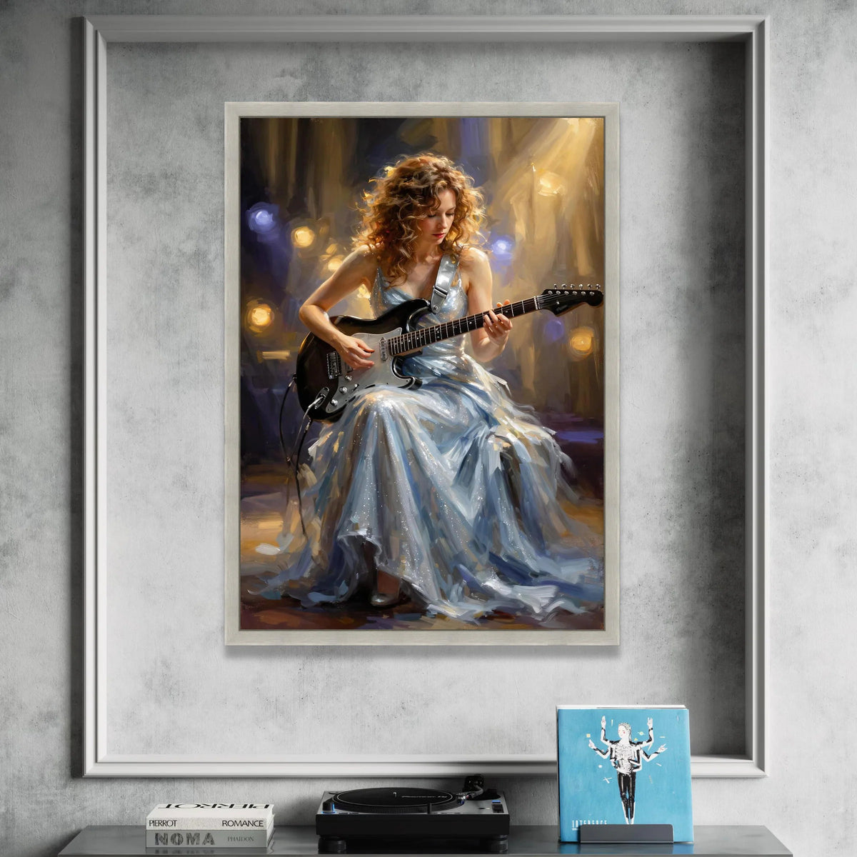 Elegant Woman Playing Electric Guitar Canvas, Musician Portrait Wall Art, Live Performance Scene, Artistic Home Decoration Canvas Print Art