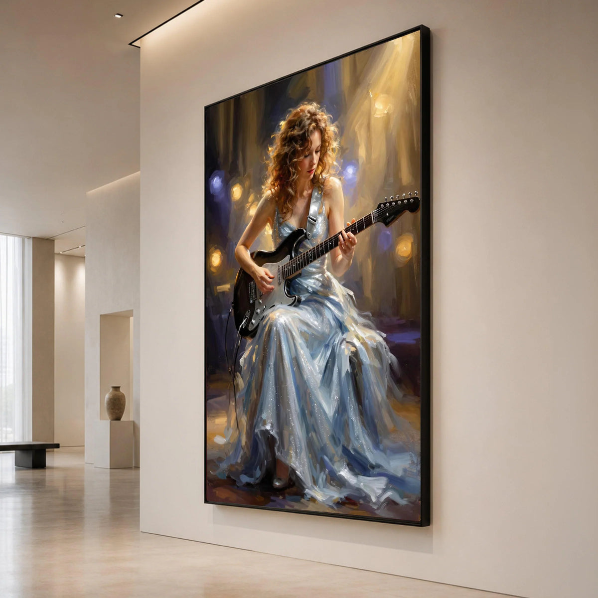 Elegant Woman Playing Electric Guitar Canvas, Musician Portrait Wall Art, Live Performance Scene, Artistic Home Decoration Canvas Print Art
