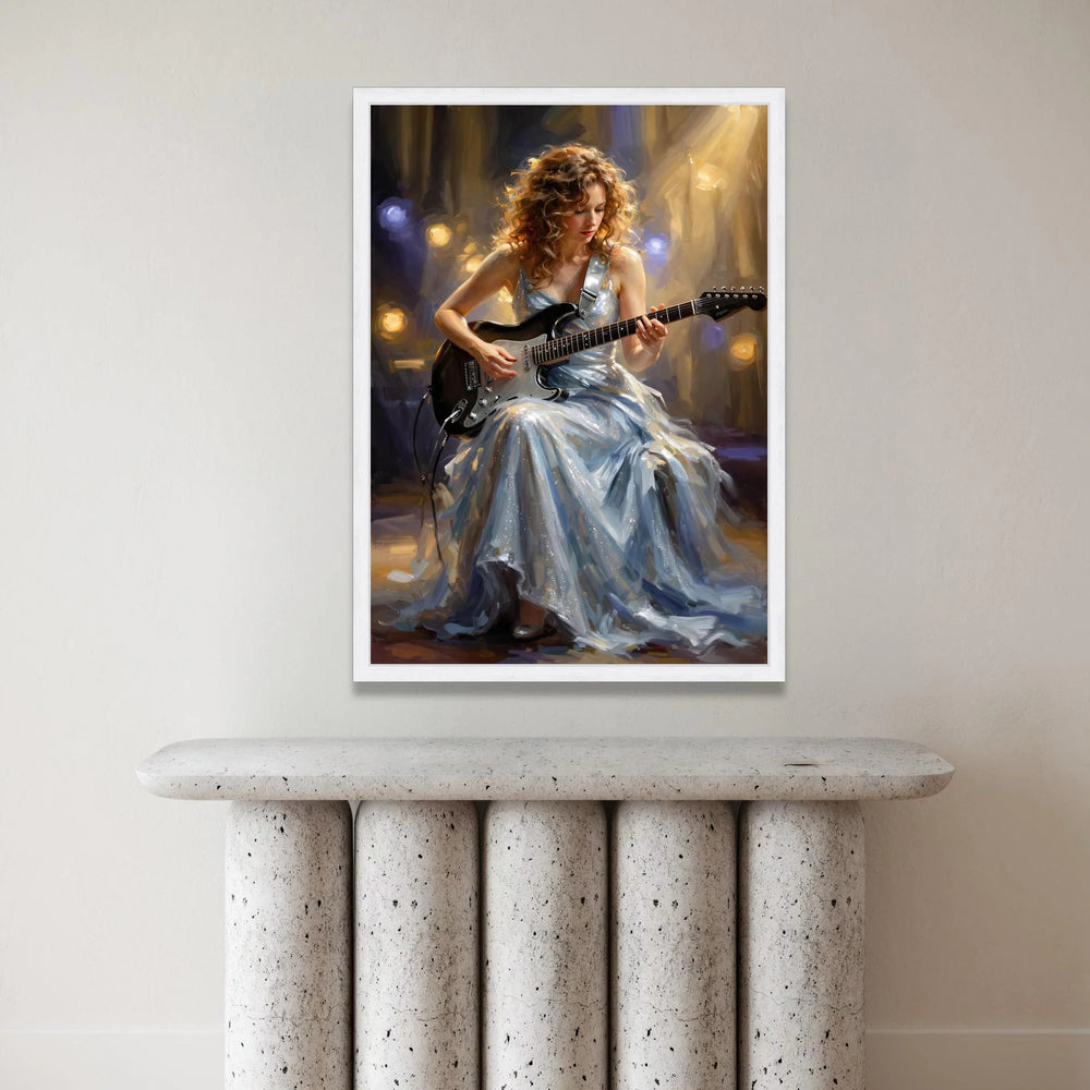 Elegant Woman Playing Electric Guitar Canvas, Musician Portrait Wall Art, Live Performance Scene, Artistic Home Decoration Canvas Print Art