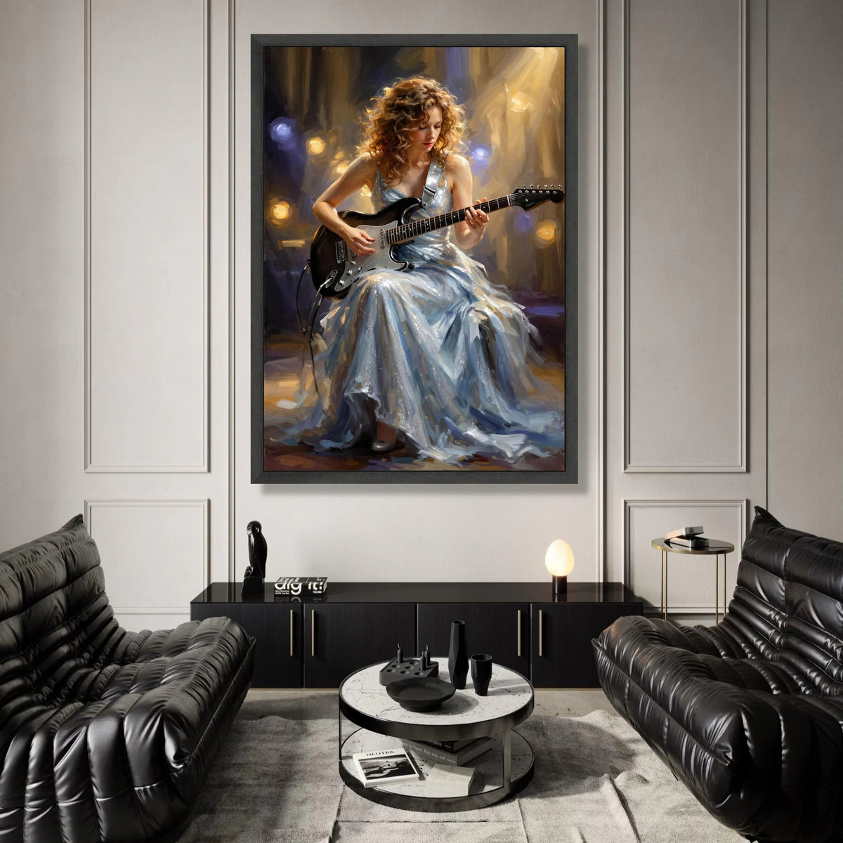 Elegant Woman Playing Electric Guitar Canvas, Musician Portrait Wall Art, Live Performance Scene, Artistic Home Decoration Canvas Print Art