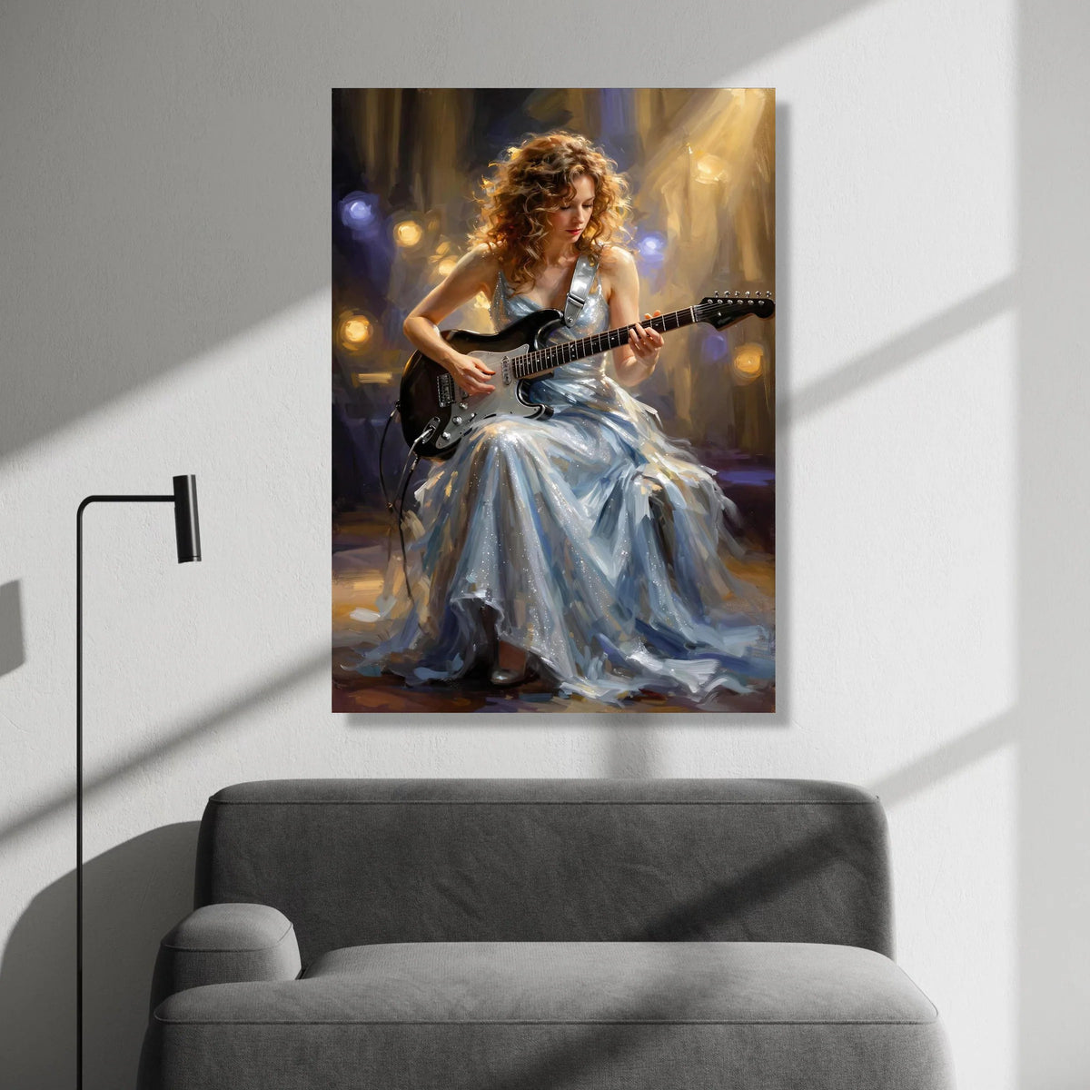 Elegant Woman Playing Electric Guitar Canvas, Musician Portrait Wall Art, Live Performance Scene, Artistic Home Decoration Canvas Print Art