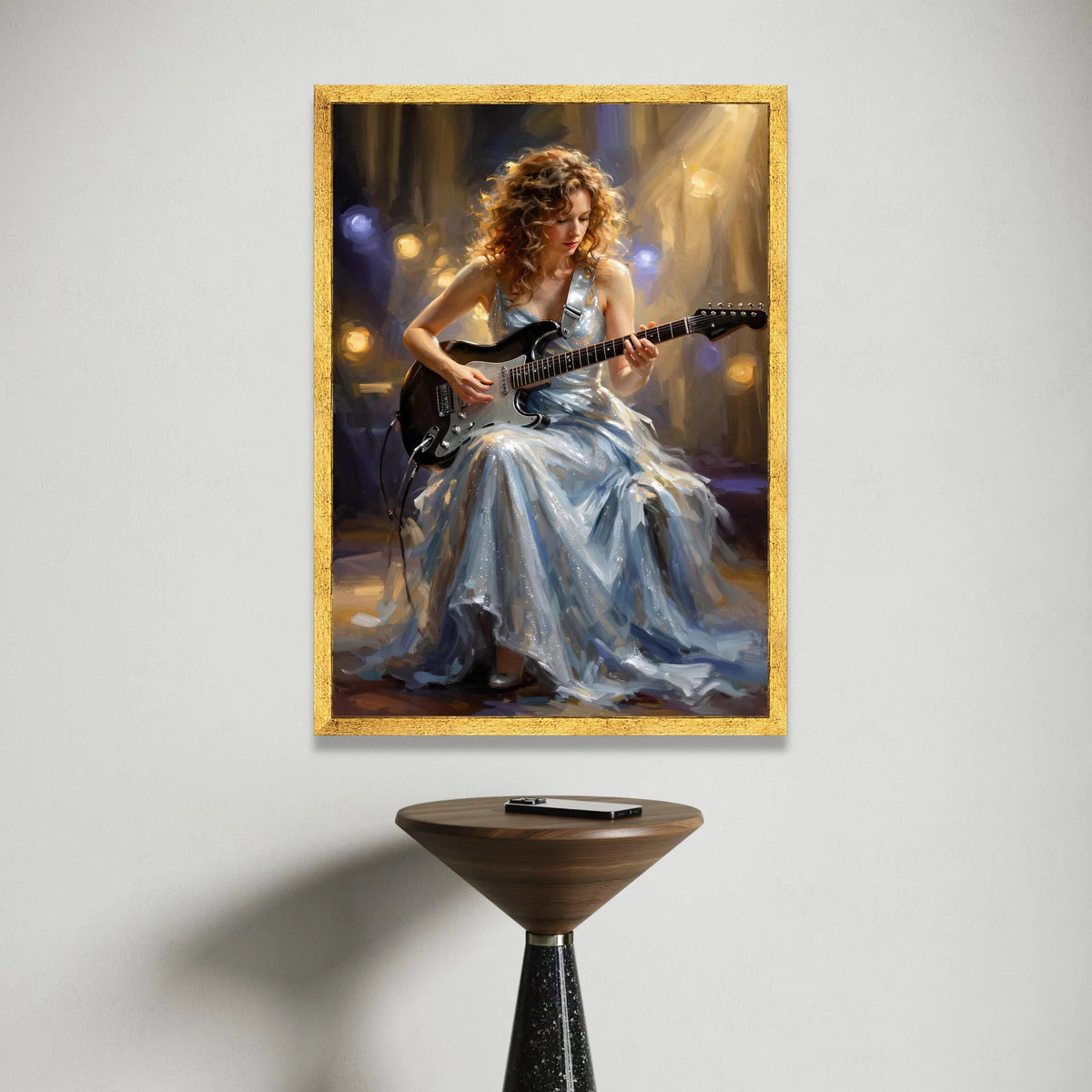 Elegant Woman Playing Electric Guitar Canvas, Musician Portrait Wall Art, Live Performance Scene, Artistic Home Decoration Canvas Print Art