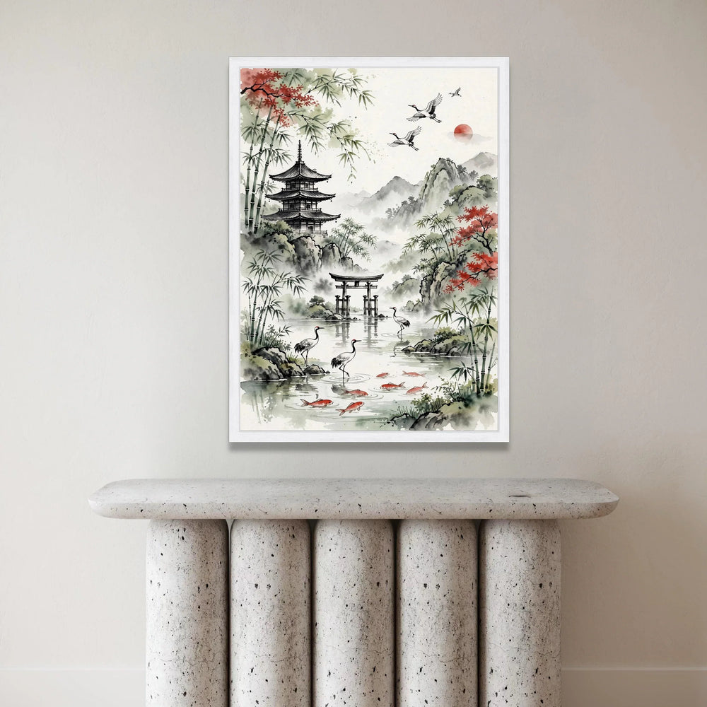 Serene Japanese Landscape Canvas, Pagoda and Torii Gate Wall Art, Bamboo Trees and Cranes Painting, Traditional Asian Water Canvas Print Art