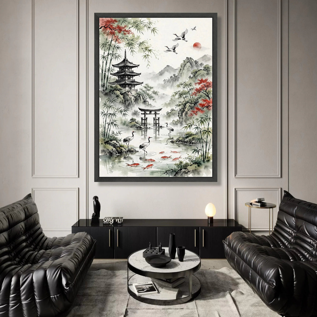 Serene Japanese Landscape Canvas, Pagoda and Torii Gate Wall Art, Bamboo Trees and Cranes Painting, Traditional Asian Water Canvas Print Art