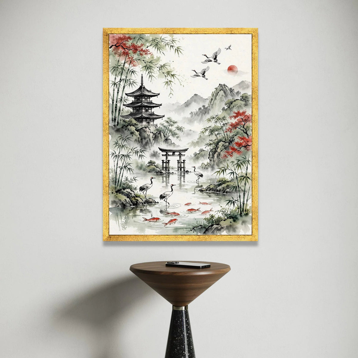 Serene Japanese Landscape Canvas, Pagoda and Torii Gate Wall Art, Bamboo Trees and Cranes Painting, Traditional Asian Water Canvas Print Art