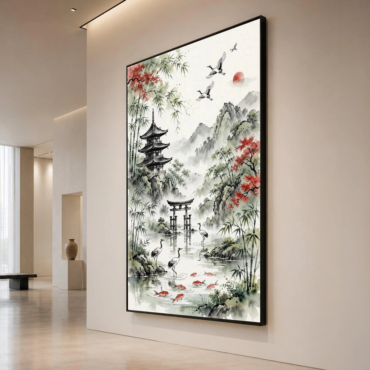 Serene Japanese Landscape Canvas, Pagoda and Torii Gate Wall Art, Bamboo Trees and Cranes Painting, Traditional Asian Water Canvas Print Art