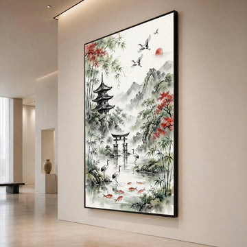 Serene Japanese Landscape Canvas, Pagoda and Torii Gate Wall Art, Bamboo Trees and Cranes Painting, Traditional Asian Water Canvas Print Art