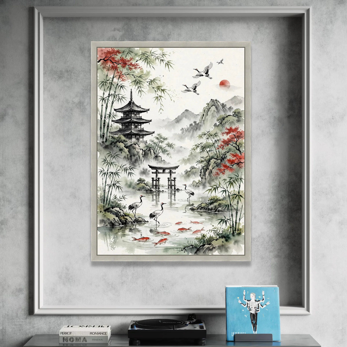 Serene Japanese Landscape Canvas, Pagoda and Torii Gate Wall Art, Bamboo Trees and Cranes Painting, Traditional Asian Water Canvas Print Art