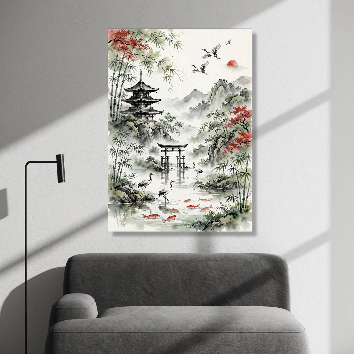 Serene Japanese Landscape Canvas, Pagoda and Torii Gate Wall Art, Bamboo Trees and Cranes Painting, Traditional Asian Water Canvas Print Art