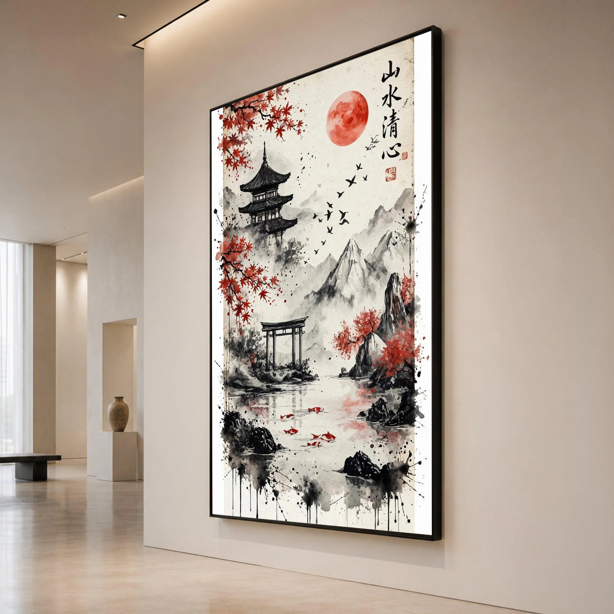 Japanese Landscape Canvas Wall Art, Red Maple Trees and Temple Scene, Mountain and Lake Decor, Asian Nature Painting, Canvas Print Art