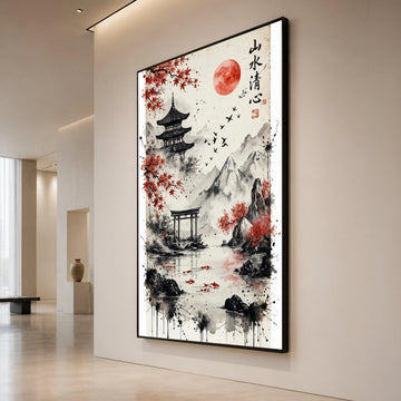 Japanese Landscape Canvas Wall Art, Red Maple Trees and Temple Scene, Mountain and Lake Decor, Asian Nature Painting, Canvas Print Art
