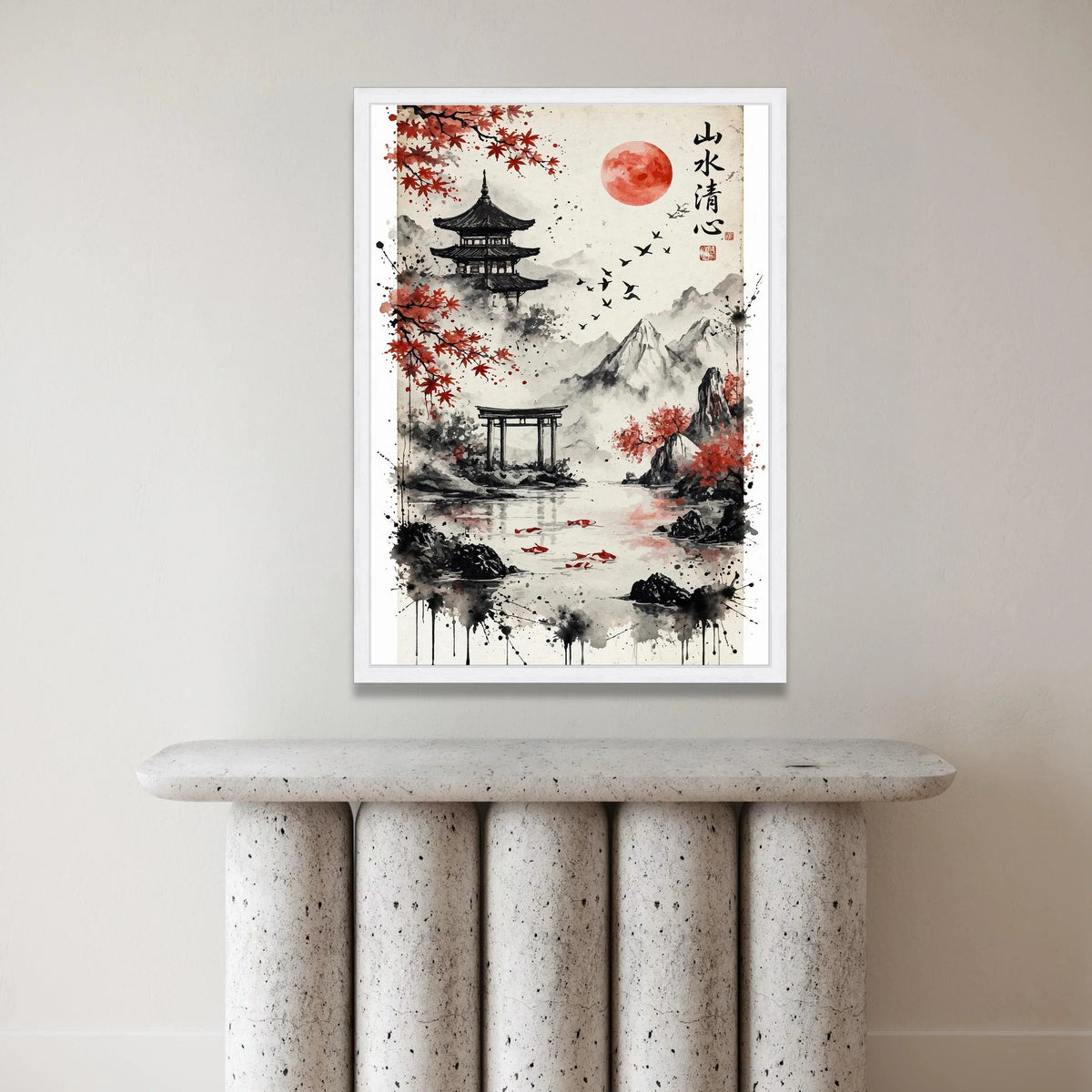 Japanese Landscape Canvas Wall Art, Red Maple Trees and Temple Scene, Mountain and Lake Decor, Asian Nature Painting, Canvas Print Art