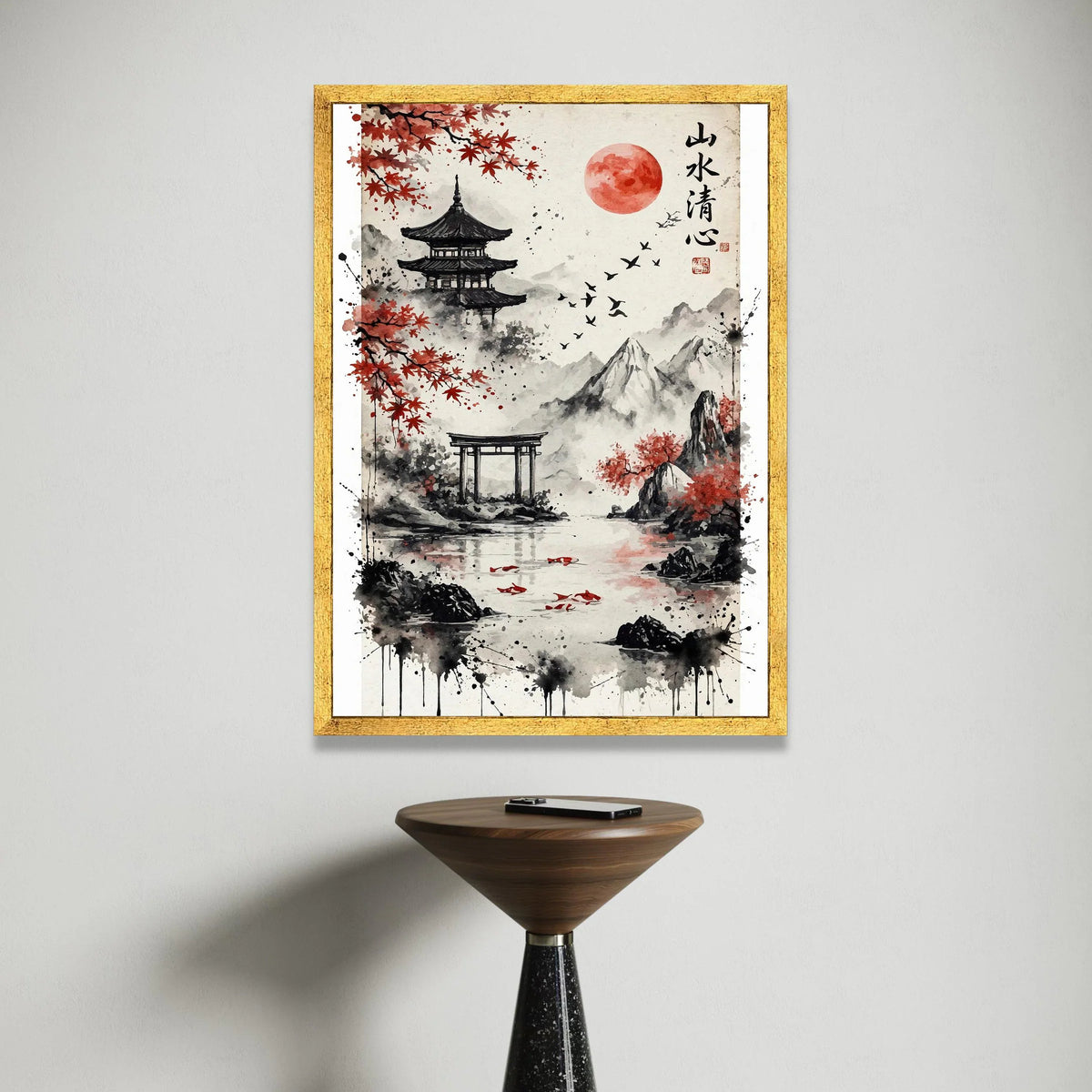 Japanese Landscape Canvas Wall Art, Red Maple Trees and Temple Scene, Mountain and Lake Decor, Asian Nature Painting, Canvas Print Art