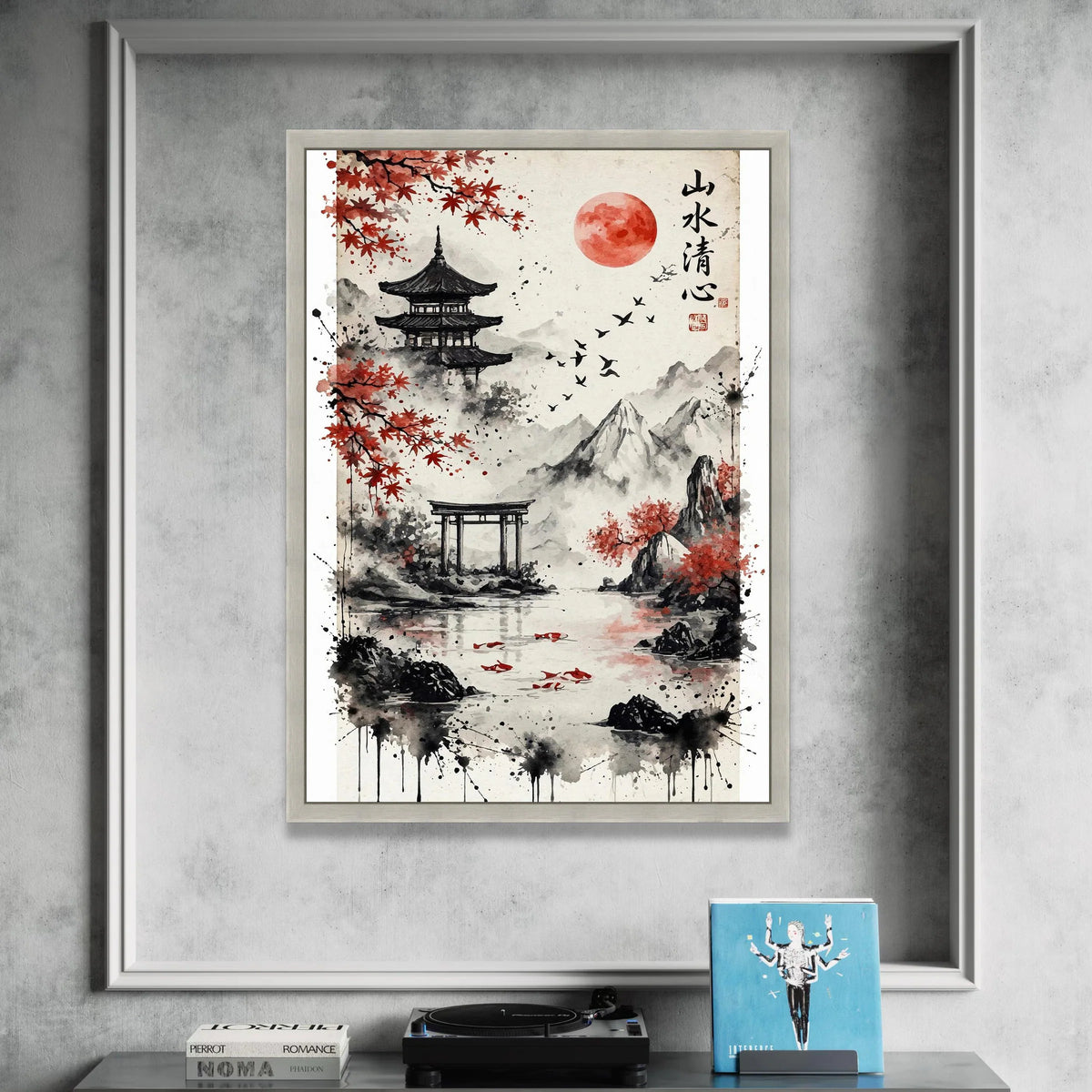Japanese Landscape Canvas Wall Art, Red Maple Trees and Temple Scene, Mountain and Lake Decor, Asian Nature Painting, Canvas Print Art