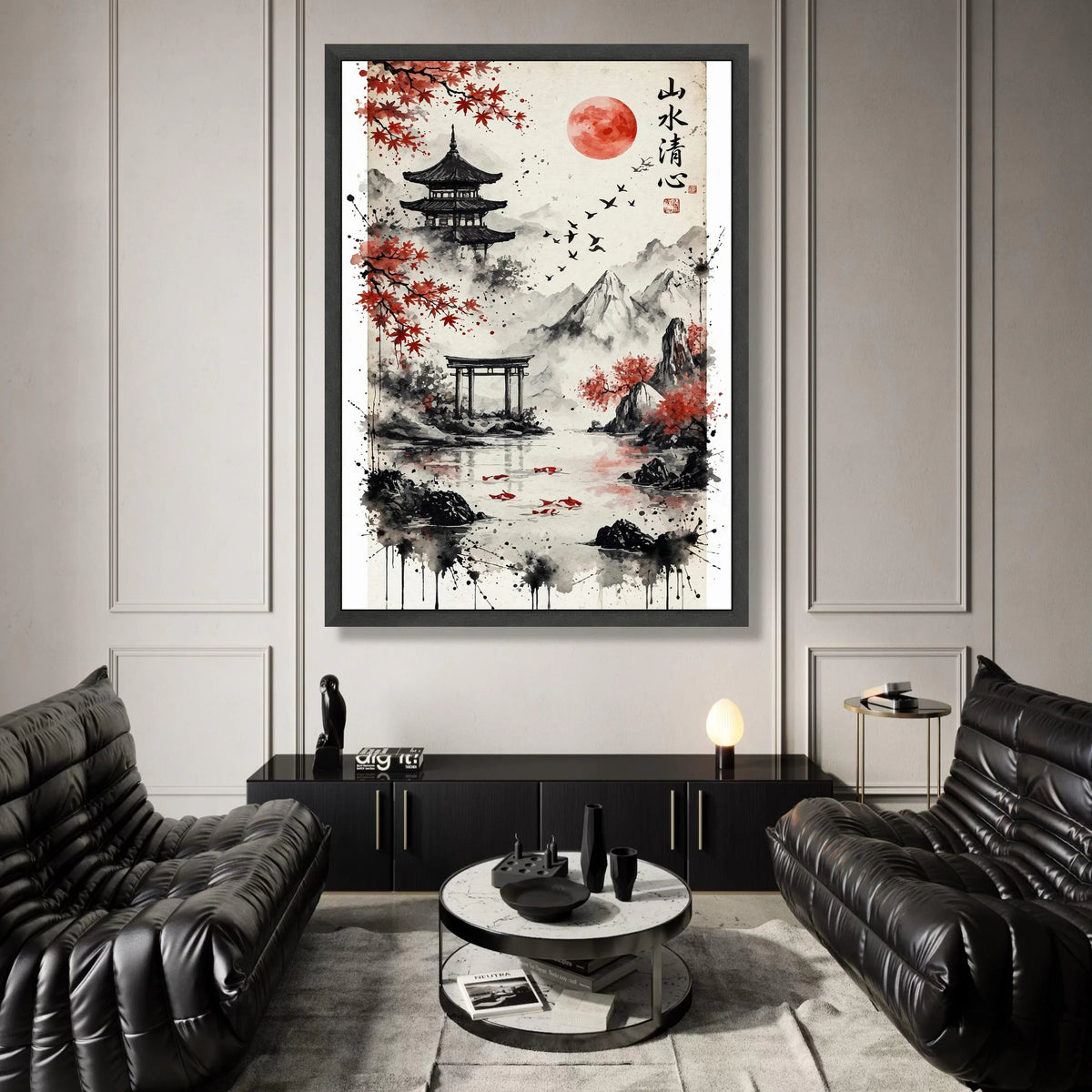 Japanese Landscape Canvas Wall Art, Red Maple Trees and Temple Scene, Mountain and Lake Decor, Asian Nature Painting, Canvas Print Art