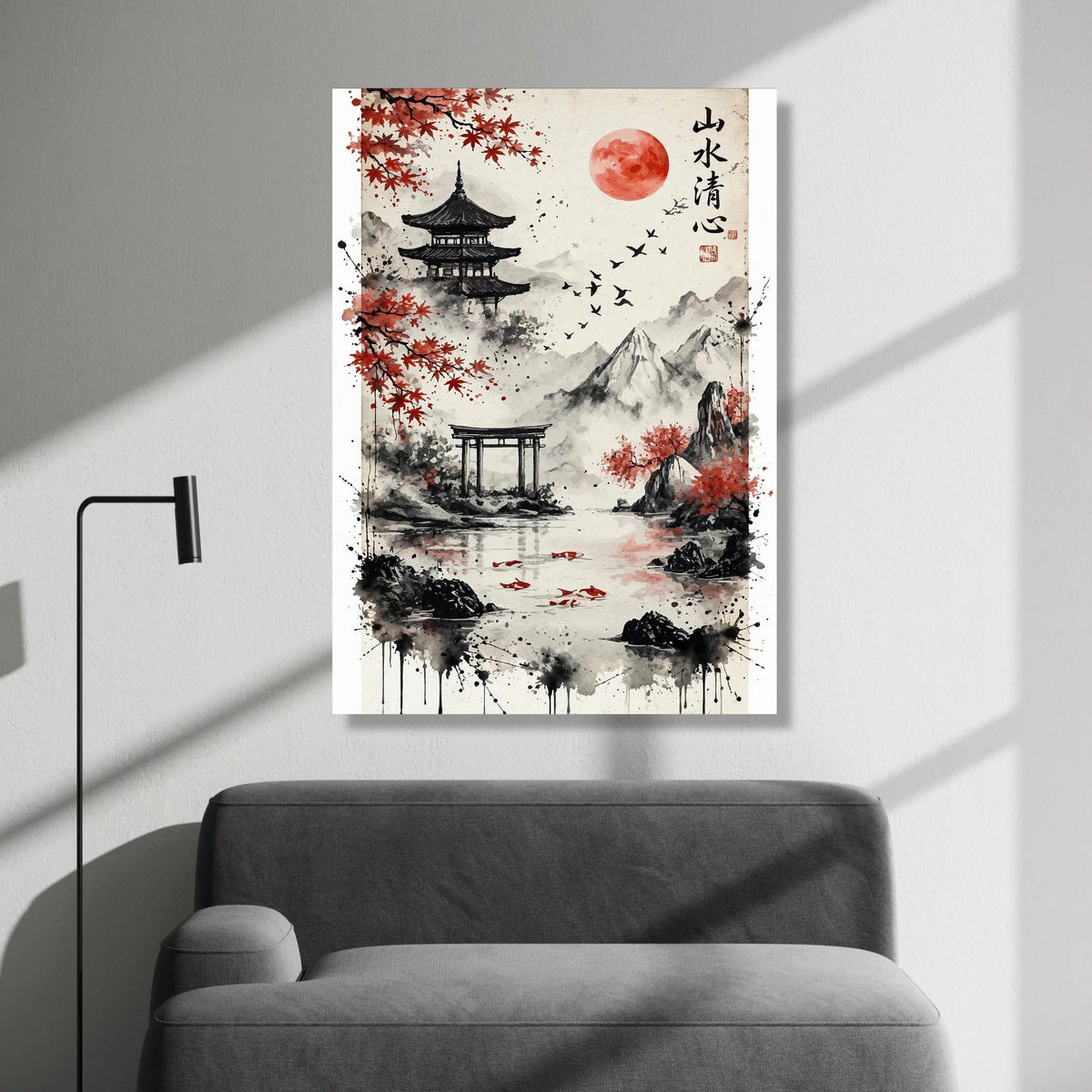 Japanese Landscape Canvas Wall Art, Red Maple Trees and Temple Scene, Mountain and Lake Decor, Asian Nature Painting, Canvas Print Art