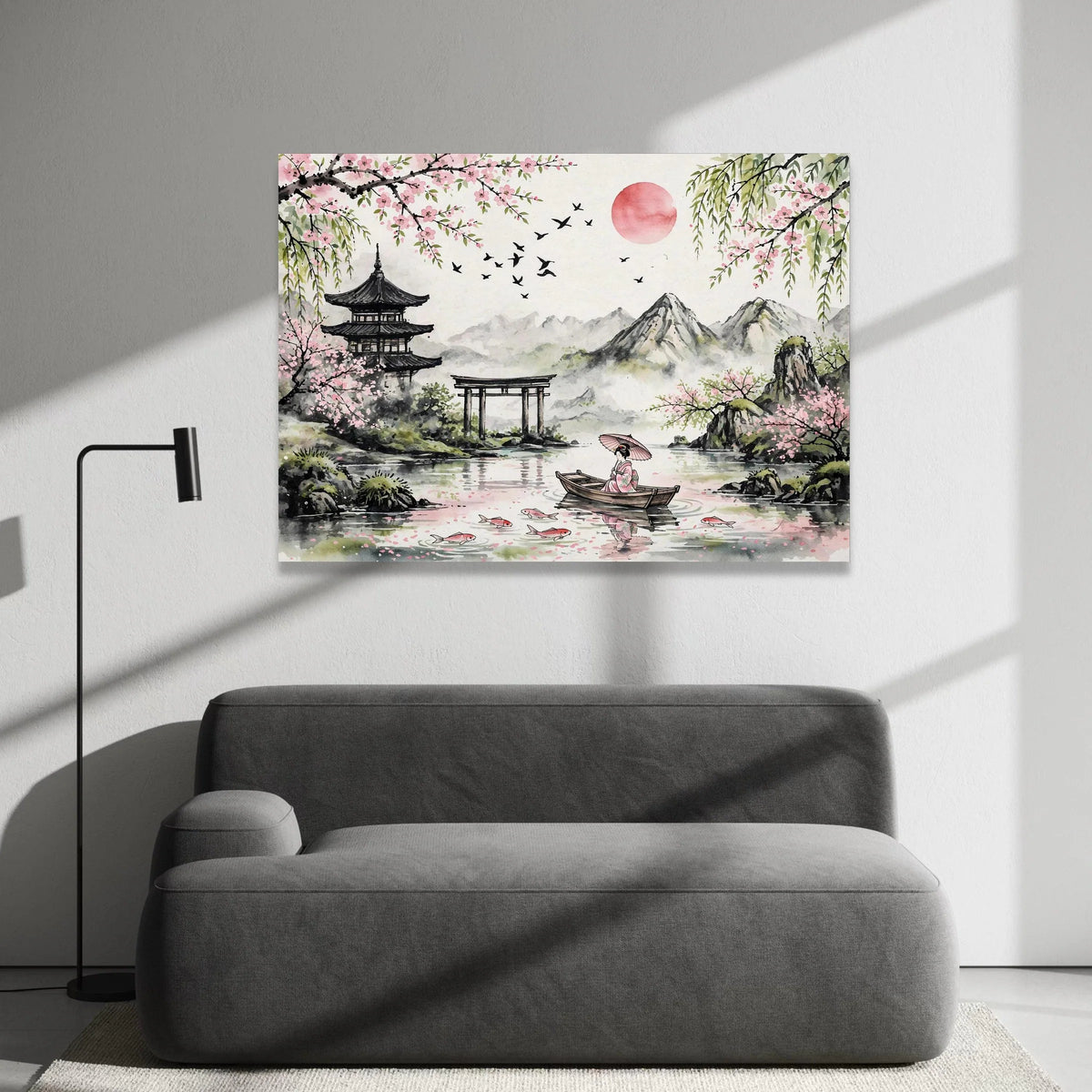 Tranquil Japanese Landscape Canvas, Cherry Blossom Wall Art, Geisha Boat Scene, Mountain View Canvas, Serene Home Canvas Print Art