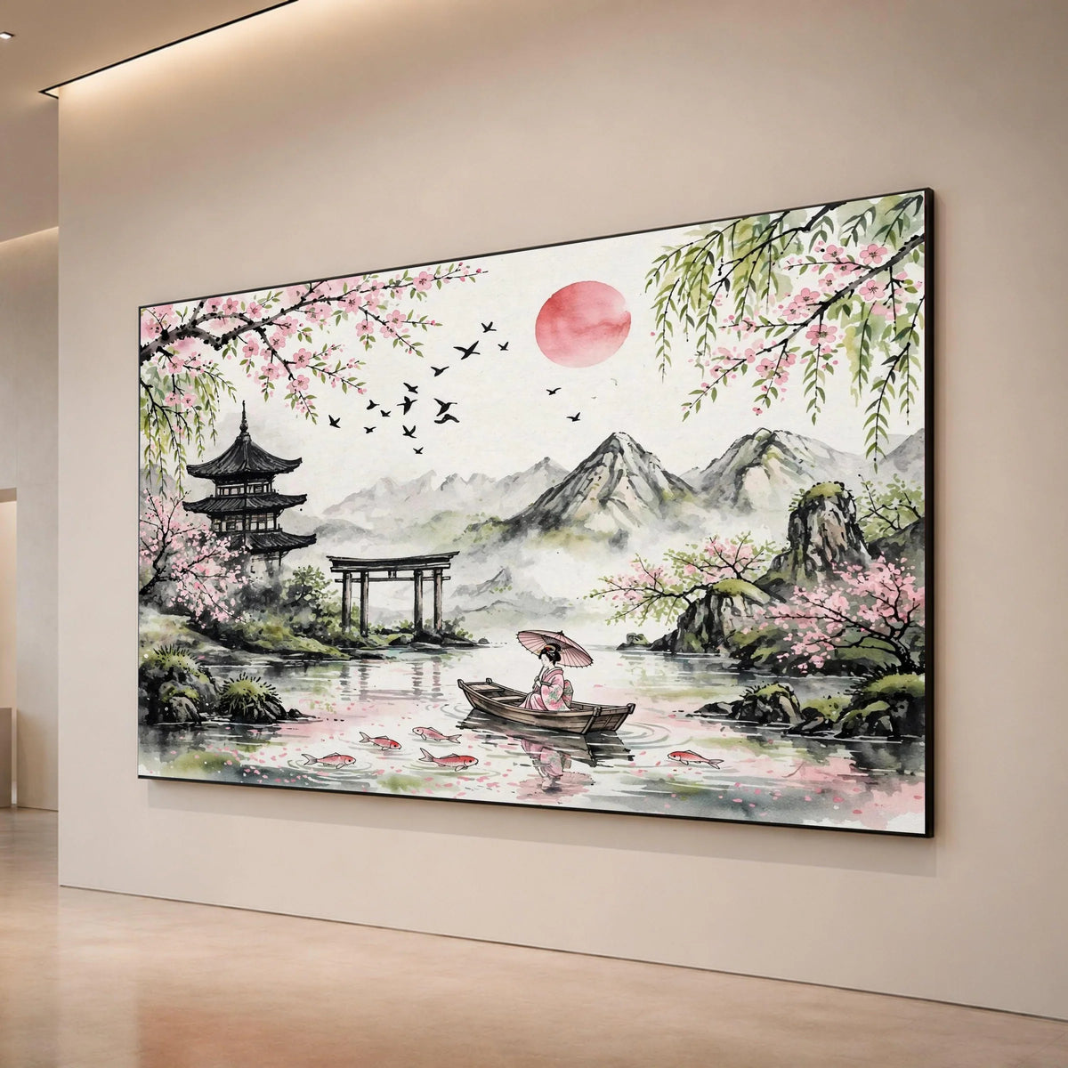 Tranquil Japanese Landscape Canvas, Cherry Blossom Wall Art, Geisha Boat Scene, Mountain View Canvas, Serene Home Canvas Print Art