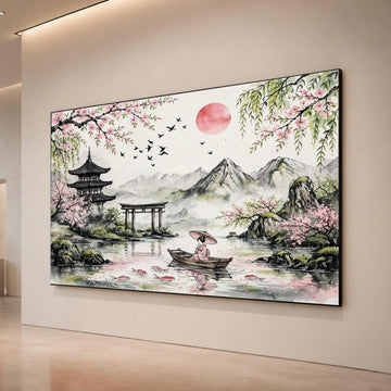 Tranquil Japanese Landscape Canvas, Cherry Blossom Wall Art, Geisha Boat Scene, Mountain View Canvas, Serene Home Canvas Print Art