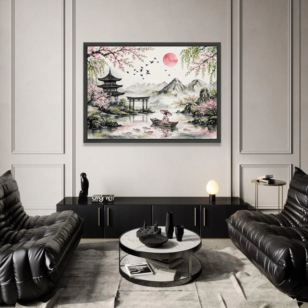 Tranquil Japanese Landscape Canvas, Cherry Blossom Wall Art, Geisha Boat Scene, Mountain View Canvas, Serene Home Canvas Print Art