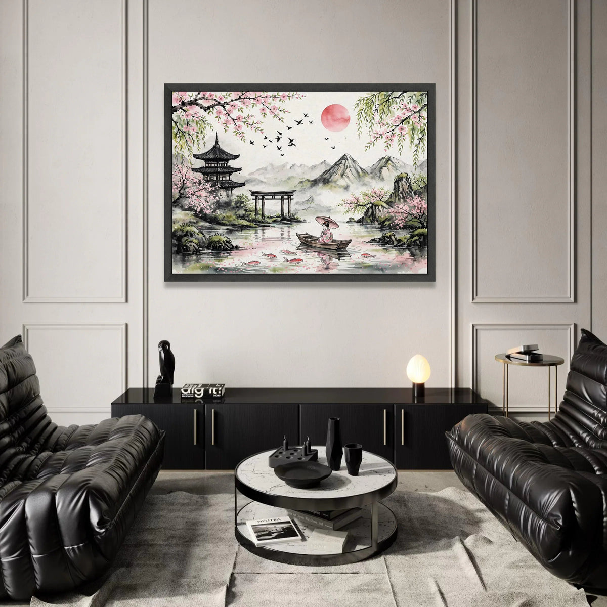 Tranquil Japanese Landscape Canvas, Cherry Blossom Wall Art, Geisha Boat Scene, Mountain View Canvas, Serene Home Canvas Print Art