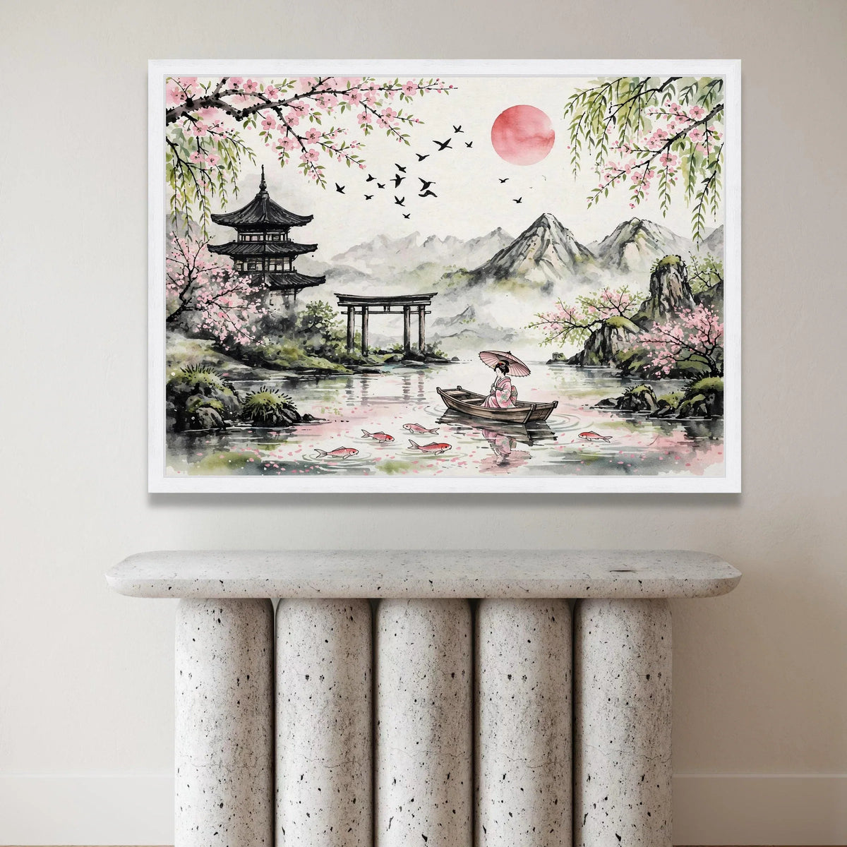 Tranquil Japanese Landscape Canvas, Cherry Blossom Wall Art, Geisha Boat Scene, Mountain View Canvas, Serene Home Canvas Print Art