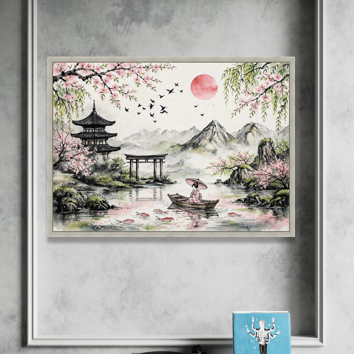 Tranquil Japanese Landscape Canvas, Cherry Blossom Wall Art, Geisha Boat Scene, Mountain View Canvas, Serene Home Canvas Print Art