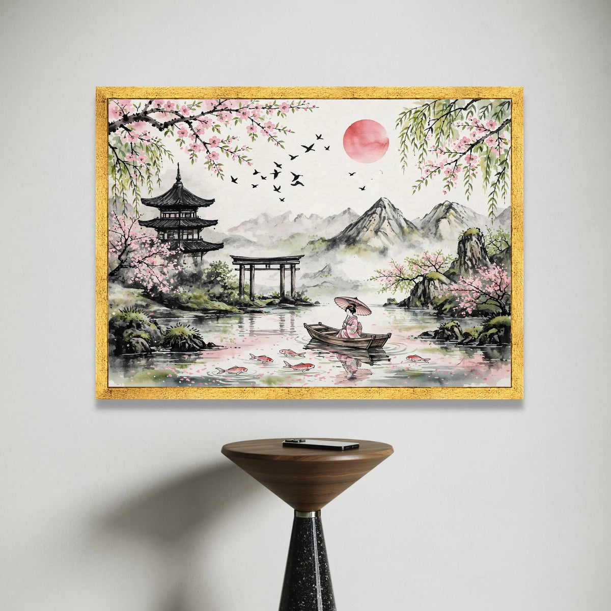Tranquil Japanese Landscape Canvas, Cherry Blossom Wall Art, Geisha Boat Scene, Mountain View Canvas, Serene Home Canvas Print Art