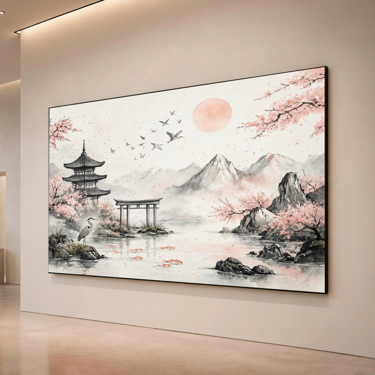 Cherry Blossom Landscape Canvas, Japanese Pagoda Wall Art, Serene Nature Scene, Mountain Water Reflection Canvas, Asian Zen Canvas Print Art