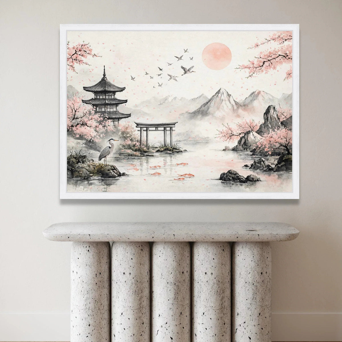 Cherry Blossom Landscape Canvas, Japanese Pagoda Wall Art, Serene Nature Scene, Mountain Water Reflection Canvas, Asian Zen Canvas Print Art