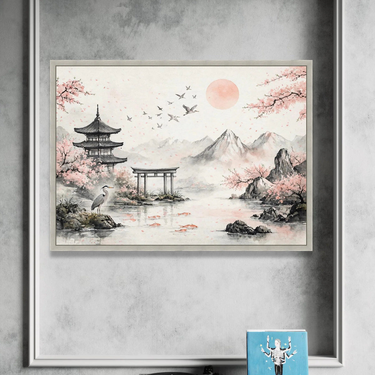 Cherry Blossom Landscape Canvas, Japanese Pagoda Wall Art, Serene Nature Scene, Mountain Water Reflection Canvas, Asian Zen Canvas Print Art