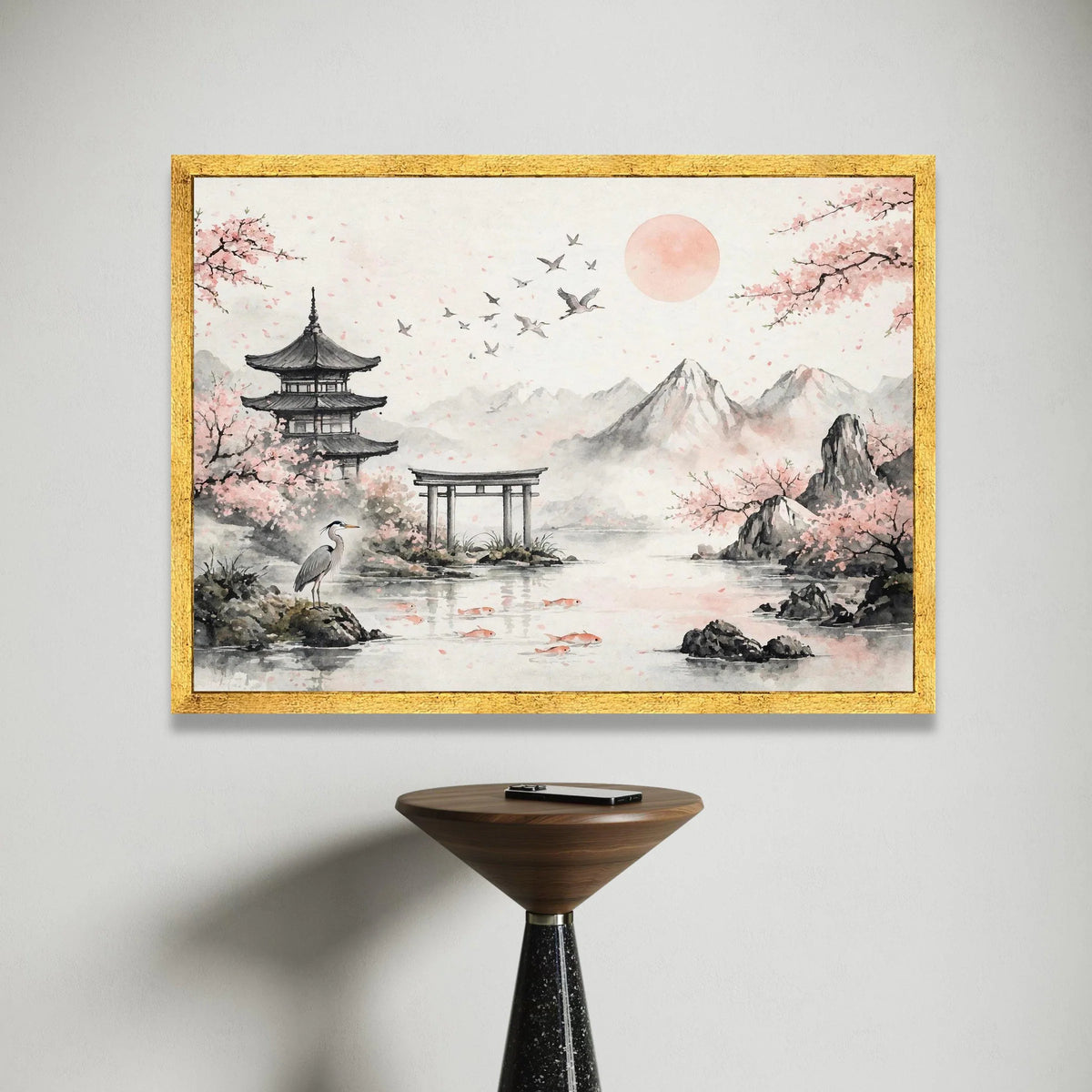 Cherry Blossom Landscape Canvas, Japanese Pagoda Wall Art, Serene Nature Scene, Mountain Water Reflection Canvas, Asian Zen Canvas Print Art