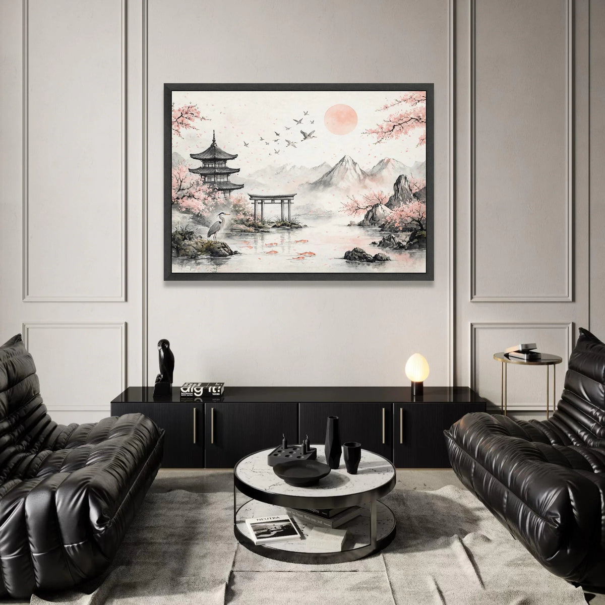 Cherry Blossom Landscape Canvas, Japanese Pagoda Wall Art, Serene Nature Scene, Mountain Water Reflection Canvas, Asian Zen Canvas Print Art