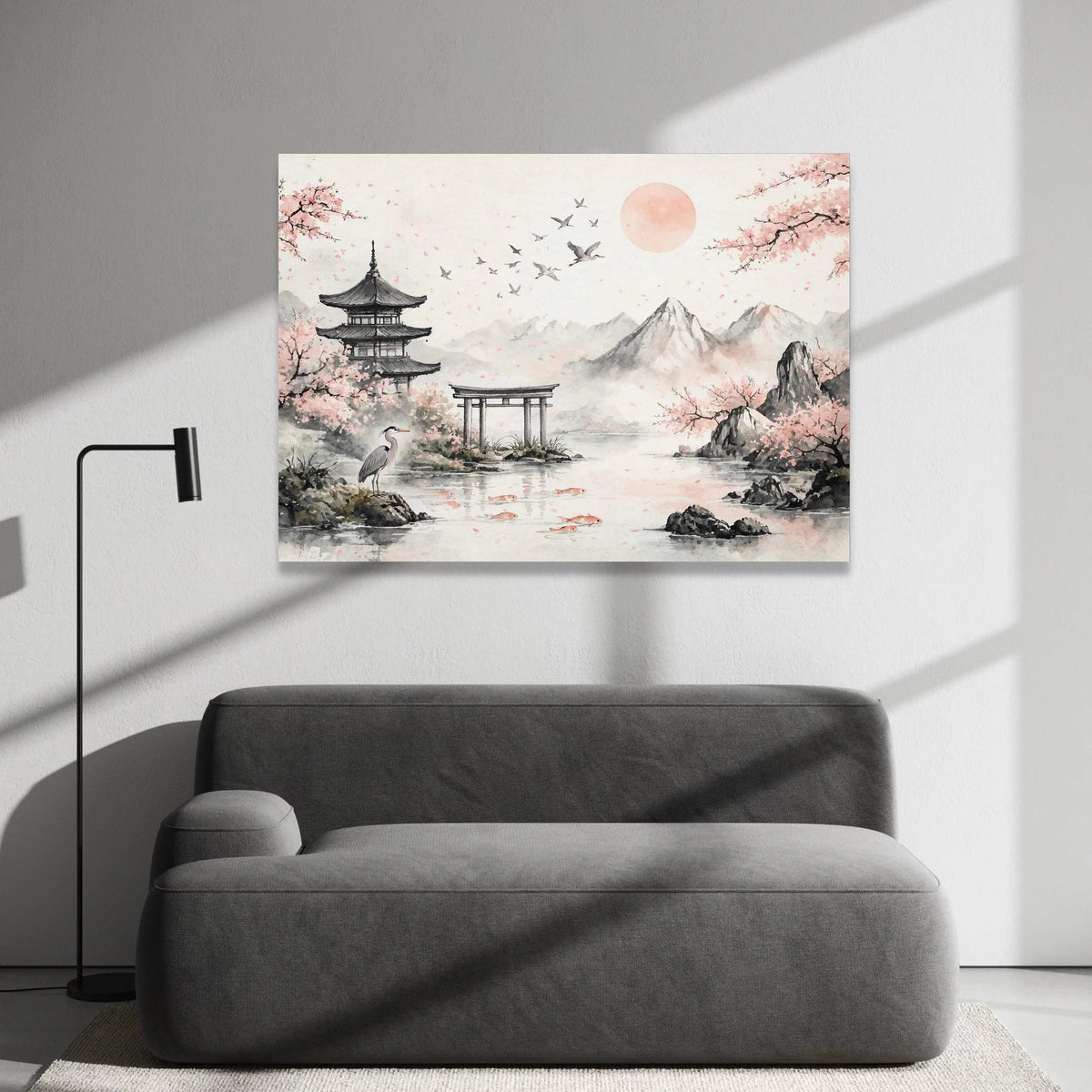 Cherry Blossom Landscape Canvas, Japanese Pagoda Wall Art, Serene Nature Scene, Mountain Water Reflection Canvas, Asian Zen Canvas Print Art