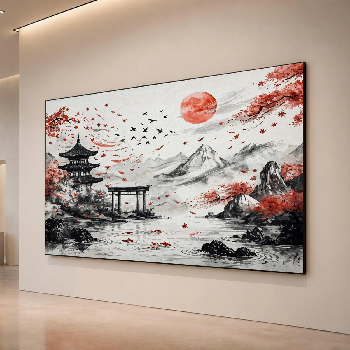 Tranquil Japanese Landscape Canvas, Red Sun and Maple Leaves, Traditional Pagoda Wall Art, Mountain and Koi Fish Scene, Canvas Print Art