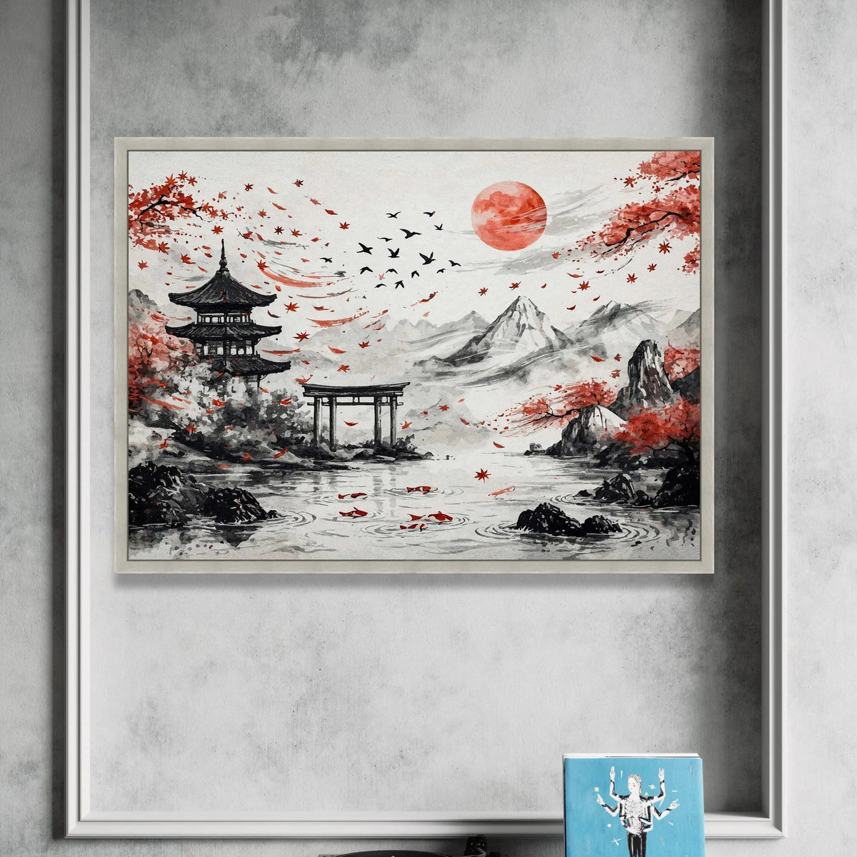 Tranquil Japanese Landscape Canvas, Red Sun and Maple Leaves, Traditional Pagoda Wall Art, Mountain and Koi Fish Scene, Canvas Print Art