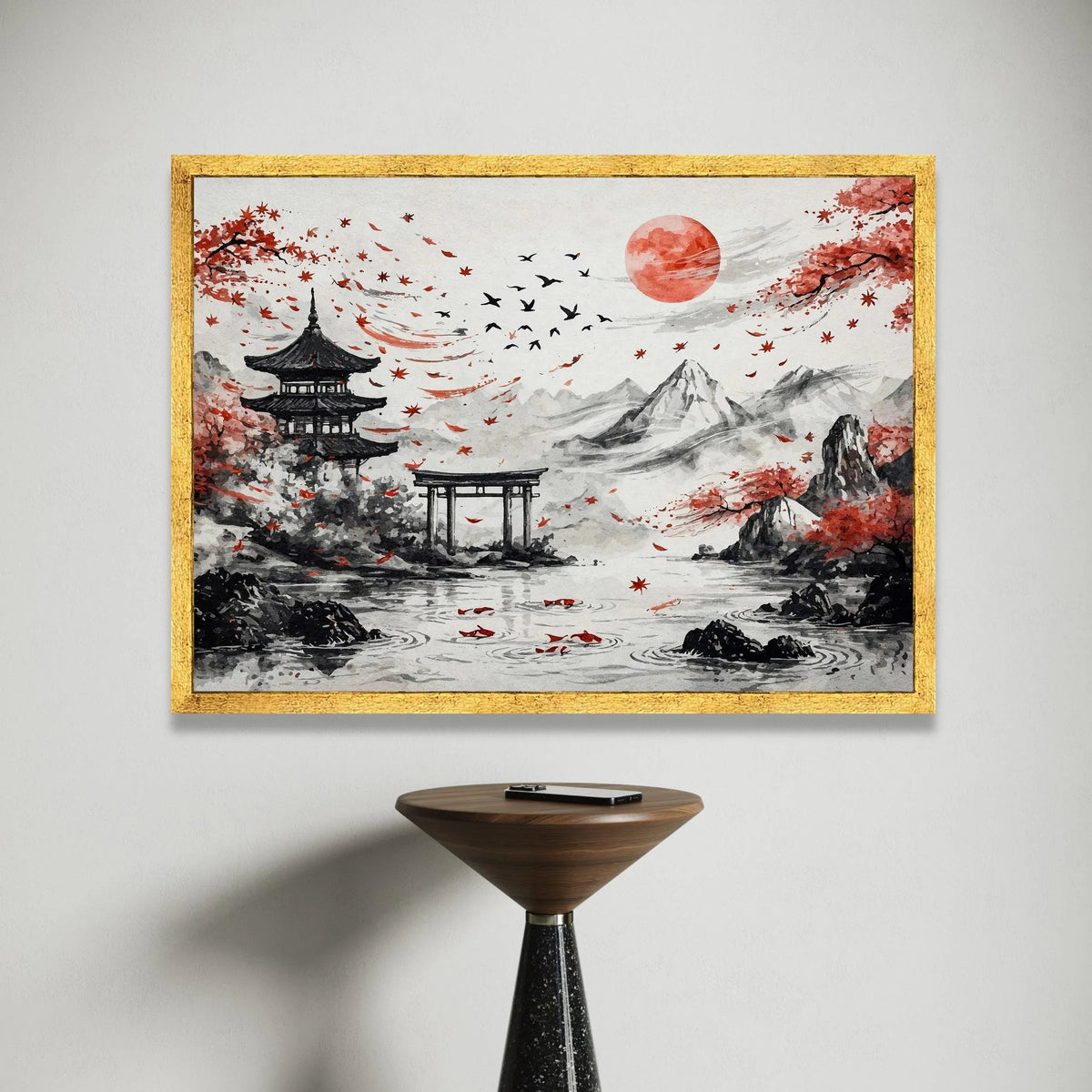 Tranquil Japanese Landscape Canvas, Red Sun and Maple Leaves, Traditional Pagoda Wall Art, Mountain and Koi Fish Scene, Canvas Print Art